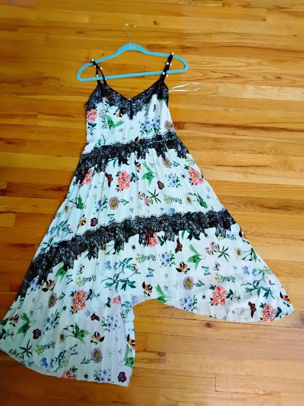 Joie chiffon lace trim fruit bee floral butterfly multicolor strap midi dress